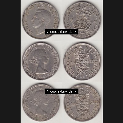 Alte Münzen Großbritannien Umlaufmünze One Shilling, 1 Schilling 1949, 1953, 1955. Ein Satz alter Münzen aus Großbritannien als Motiv vom digitalen Bild... Sammlung