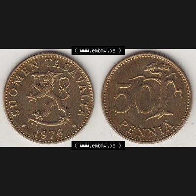 Alte Münzen KMS Finnland, Kursmünzensatz 1976 in Stempelglanz 1963-1990, 50 Penny Penniä 1976-1, SUOMEN TASAVALTA. Vorderseite und Rückseite zusammengefügt... Sammlung