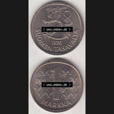 Alte Münzen KMS Finnland, Kursmünzensatz 1976 in Stempelglanz 1969-1993, 1 Finnische Mark, Markka 1976-1, SUOMEN TASAVALTA. Vorderseite und Rückseite vertikal... Sammlung
