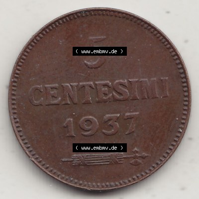 Bildmaterial Münzen aus San Marino vor 1950, 1935-1938, 5 Centesimi, Cent-Wert 1937-1, LIBERTAS REPUBBLICA DI S. MARINO, 5 CENTESIMI. Rückseite einer... Sammlung