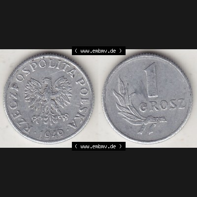 Münzen Polen KMS, Kursmünzensatz 1949-1949, Republik Polen 1 Grosz, Groschen, Aluminium 1949-1. Vorderseite und Rückseite horizontal mit Wert-Zahl / Wert-Angabe... Sammlung