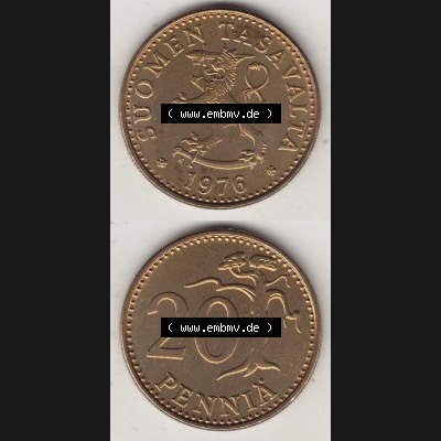 Alte Münzen KMS Finnland, Kursmünzensatz 1976 in Stempelglanz 1963-1990, 20 Penny Penniä 1976-1, SUOMEN TASAVALTA. Vorderseite und Rückseite vertikal zusammengefügt... Sammlung