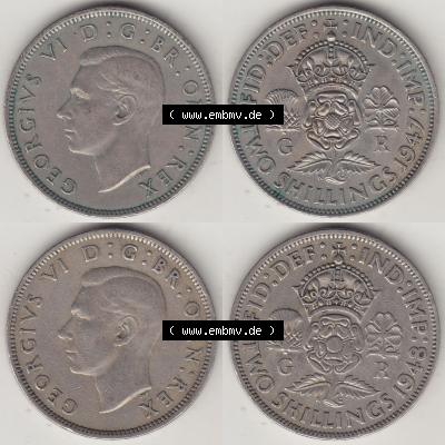 Alte Münzen Großbritannien Umlaufmünze 1947-1948, 2 Schilling-Florin 1947 und 1948 Bild-Version 1/2, Two Shillings, George VI, GEORGIVS. Ein Satz alter... Sammlung