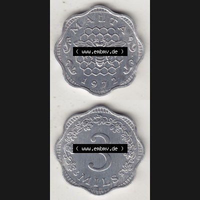 Bildmaterial Münzensatz / KMS 1972 aus Malta 1972-2006, 3 Mils 1972-1, MALTA 3 MILS. Vorderseite und Rückseite als vertikales untereinander zusammengefügte Bilder... Sammlung