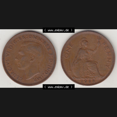 Alte Münzen Großbritannien Umlaufmünze 1937-1948, 1 Penny, One Penny, 1948-1, GEORGIVS VI, D G BR OMN REX F D IND IMP HP. Vorderseite und Rückseite... Sammlung