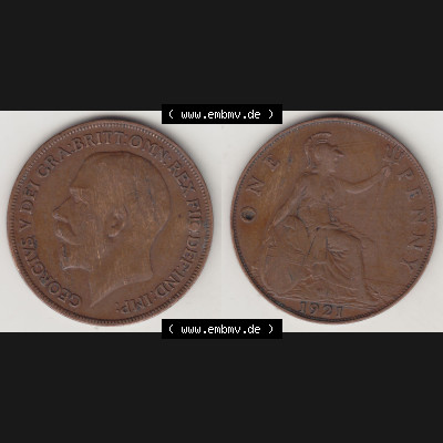 Alte Münzen Großbritannien Umlaufmünze 1911-1926, 1 Penny, One Penny, 1921-1, B.M. GEORGIVS V DEI GRA BRITT OMN REX FID DEF IND IMP. Vorderseite... Sammlung