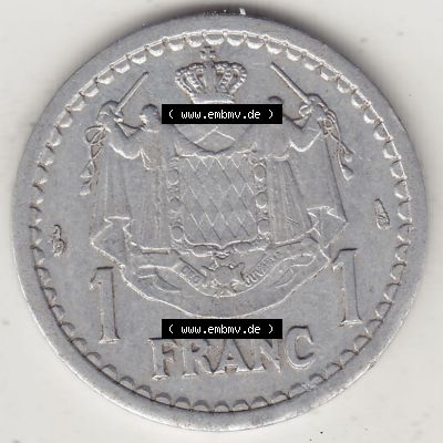 Alte Münzen Monaco Umlaufmünze Einzelansicht 1943-1943, 1 Franken 1943-1 Aluminium, L. MAUBERT LOUIS II PRINCE DE MONACO, 1 FRANC DEO JUVANTE. Rückseite auf... Sammlung