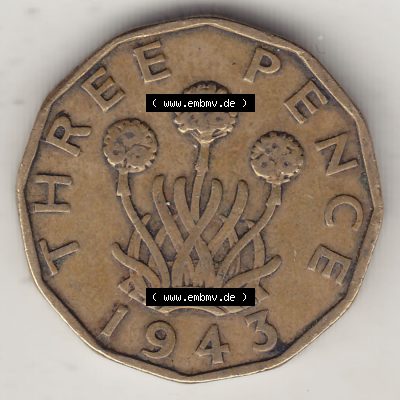 Alte Münzen Großbritannien Umlaufmünze 1937-1948, 3 Pence, Three Pence 1943-3, George VI, GEORGIVS VI D G BR OMN REX F D IND IMP. Rückseite der alten... Sammlung
