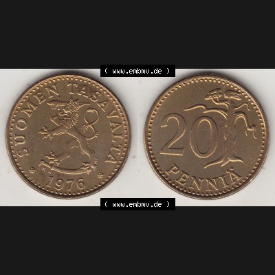 Alte Münzen KMS Finnland, Kursmünzensatz 1976 in Stempelglanz 1963-1990, 20 Penny Penniä 1976-1, SUOMEN TASAVALTA. Vorderseite und Rückseite zusammengefügt... Sammlung