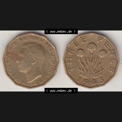 Alte Münzen Großbritannien Umlaufmünze 1937-1948, 3 Pence, Three Pence 1943-2, George VI, GEORGIVS VI D G BR OMN REX F D IND IMP. Vorderseite und Rückseite... Sammlung