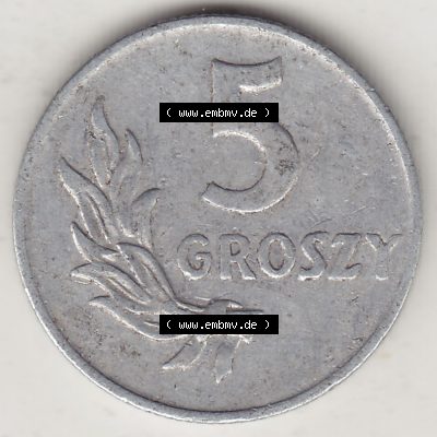 Münzen Polen KMS, Kursmünzensatz 1949-1949, Republik Polen 5 Groszy, Groschen, Aluminium 1949-1. Rückseite mit Wert-Zahl / Wert-Angabe einer polnischen... Sammlung