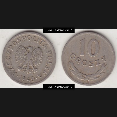 Münzen Polen KMS, Kursmünzensatz 1949-1949, Republik Polen 10 Groszy, Groschen, Kupfer 1949-1. Vorderseite und Rückseite horizontal mit Wert-Zahl / Wert-Angabe... Sammlung