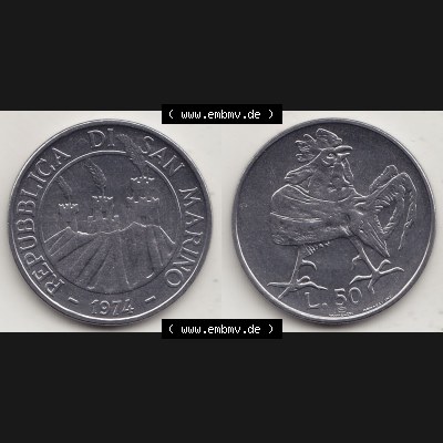 Bildmaterial Münzensatz / KMS 1974 aus San Marino 1974-1974, 50 Lire, L.50 MINGUZZI MONASSI INC.. Vorderseite und Rückseite als horizontales Bildmaterial... Sammlung