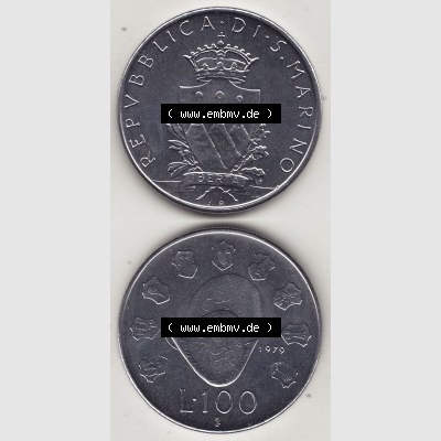 Bildmaterial Münzensatz / KMS 1979 aus San Marino 1979-1979, 100 Lire, J.P. LIBERTAS REPVBBLICA DI S. MARINO L.100. Vorderseite und Rückseite... Sammlung