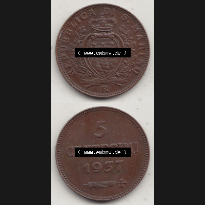 Bildmaterial Münzen aus San Marino vor 1950, 1935-1938, 5 Centesimi, Cent-Wert 1937-1, LIBERTAS REPUBBLICA DI S. MARINO, 5 CENTESIMI. Vorderseite und Rückseite... Sammlung