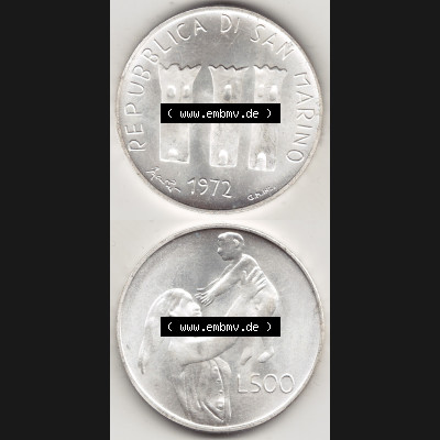 Bildmaterial Münzensatz / KMS 1972 aus San Marino 1972-1972, 500 Lire 1972 L. 500 REPUBBLICA DI SAN MARINO, Silbermünze. Vorderseite und Rückseite einer Umlaufmünze... Sammlung