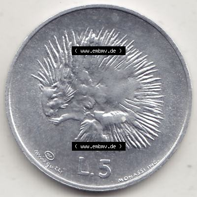 Bildmaterial Münzensatz / KMS 1974 aus San Marino 1974-1974, 5 Lire, L.5 MINGUZZI MONASSI INC.. Rückseite als Einzelansicht einer Umlaufmünze aus 1974... Sammlung