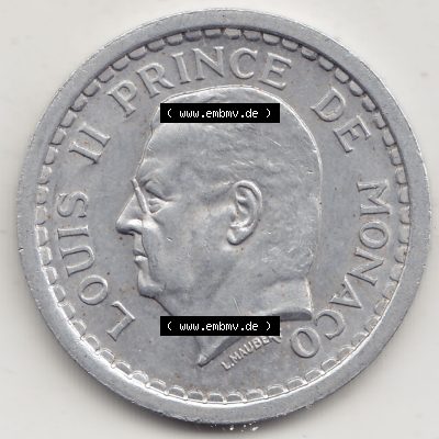 Alte Münzen Monaco Umlaufmünze Einzelansicht 1943-1943, 2 Franken 1943-1 in Aluminium, LOUIS II PRINCE DE MONACO, 2 FRANCS DEO JUVANTE. Vorderseite der alten Umlaufmünze... Sammlung