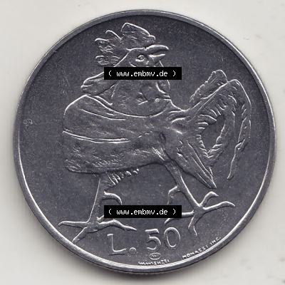 Bildmaterial Münzensatz / KMS 1974 aus San Marino 1974-1974, 50 Lire, L.50 MINGUZZI MONASSI INC.. Rückseite als Einzelansicht einer Umlaufmünze aus 1974... Sammlung