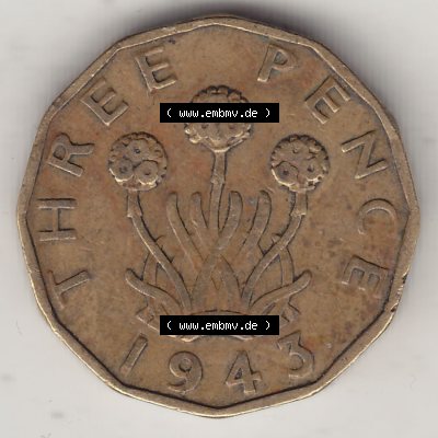 Alte Münzen Großbritannien Umlaufmünze 1937-1948, 3 Pence, Three Pence 1943-1, George VI, GEORGIVS VI D G BR OMN REX F D IND IMP. Rückseite der alten... Sammlung