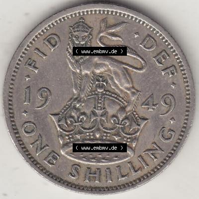 Alte Münzen Großbritannien Umlaufmünze 1949-1951, 1 One Schilling - Shilling, 1949-2 Stehender Löwe auf Krone. Rückseite der alten britischen Münze aus... Sammlung