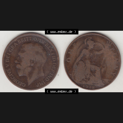Alte Münzen Großbritannien Umlaufmünze 1911-1926, 1 Penny, One Penny, 1918-1, B.M. GEORGIVS V DEI GRA BRITT OMN REX FID DEF IND IMP. Vorderseite... Sammlung