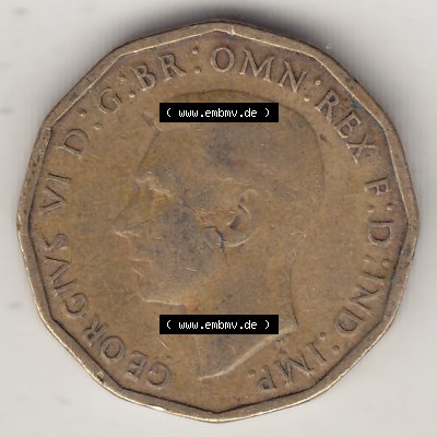 Alte Münzen Großbritannien Umlaufmünze 1937-1948, 3 Pence, Three Pence 1943-3, George VI, GEORGIVS VI D G BR OMN REX F D IND IMP. Vorderseite der alten britischen... Sammlung