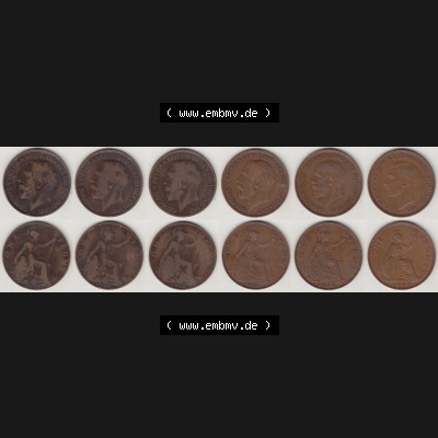 Alte Münzen Großbritannien Umlaufmünze 1912-1948, 1912, 1917, 1918, 1921, 1935 und 1948 One Penny, 1 Penny George V. VI.. Ein Satz... Sammlung