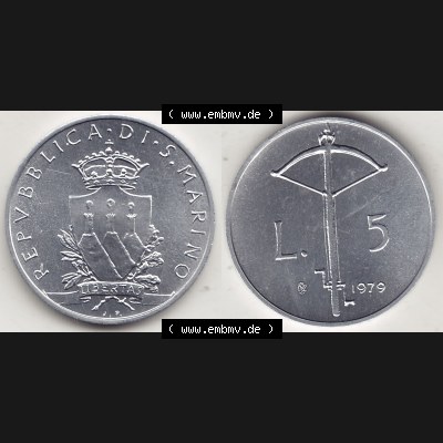 Bildmaterial Münzensatz / KMS 1979 aus San Marino 1979-1979, 5 Lire, LIBERTAS REPVBBLICA DI S. MARINO, 1979 L.5. Vorderseite und Rückseite als horizontales... Sammlung