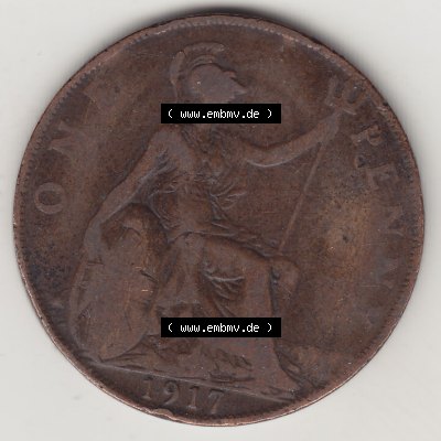 Alte Münzen Großbritannien Umlaufmünze 1911-1926, 1 Penny, One Penny, 1917-1, B.M. GEORGIVS V DEI GRA BRITT OMN REX FID DEF IND IMP. Rückseite... Sammlung