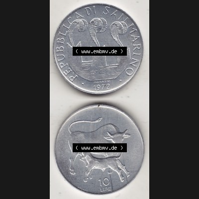 Bildmaterial Münzensatz / KMS 1972 aus San Marino 1972-1972, 10 Lire 1972, MONASSI REPUBBLICA DI SAN MARINO, 10 LIRE. Vorderseite und Rückseite einer Umlaufmünze... Sammlung
