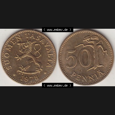 Alte Münzen KMS Finnland, Kursmünzensatz 1978 in Stempelglanz 1963-1990, 50 Penny 1978-1. Digitales Bild / Bildmaterial mit Vorderseite und Rückseite einer Münze... Sammlung