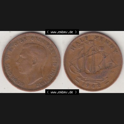 Alte Münzen Großbritannien Umlaufmünze 1937-1948, Half Penny, 1942-2, George VI, HALF PENNY HP, Segelschiff. Vorderseite und Rückseite horizontal... Sammlung
