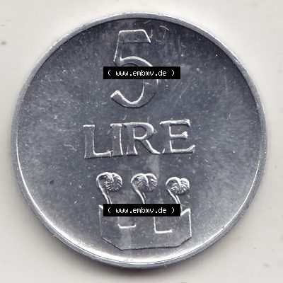 Bildmaterial Münzensatz / KMS 1972 aus San Marino 1972-1972, 5 Lire, 1972, LIRE MONASSI REPUBBLICA DI SAN MARINO. Rückseite als Einzelansicht einer Umlaufmünze... Sammlung