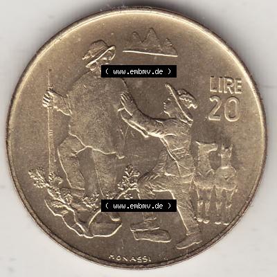Bildmaterial Münzensatz / KMS 1972 aus San Marino 1972-1972, 20 Lire, 1972, MONASSI REPUBBLICA DI SAN MARINO. Rückseite als Einzelansicht einer Umlaufmünze aus... Sammlung