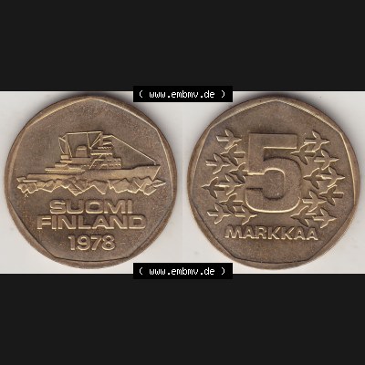 Alte Münzen KMS Finnland, Kursmünzensatz 1978 in Stempelglanz 1972-1978, 5 finnische Mark, Markkaa, 1978-1. Digitales Bild / Bildmaterial mit Vorderseite und... Sammlung