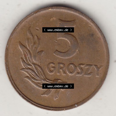 Münzen Polen KMS, Kursmünzensatz 1949-1949, Republik Polen 5 Groszy, Groschen, Bronze 1949-1. Rückseite mit Wert-Zahl / Wert-Angabe einer polnischen Münzen... Sammlung