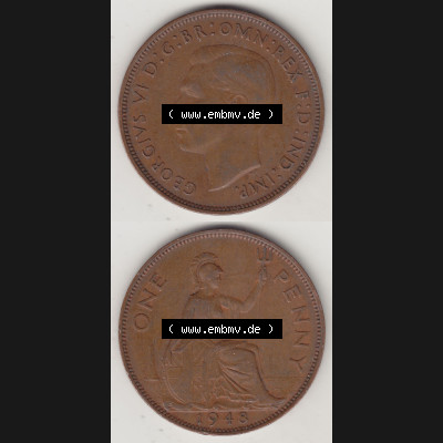 Alte Münzen Großbritannien Umlaufmünze 1937-1948, 1 Penny, One Penny, 1948-1, GEORGIVS VI, D G BR OMN REX F D IND IMP HP. Vorderseite und Rückseite... Sammlung