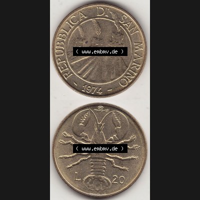 Bildmaterial Münzensatz / KMS 1974 aus San Marino 1974-1974, 20 Lire, L.20 MINGUZZI MONASSI INC.. Vorderseite und Rückseite als vertikales untereinander zusammengefügte... Sammlung