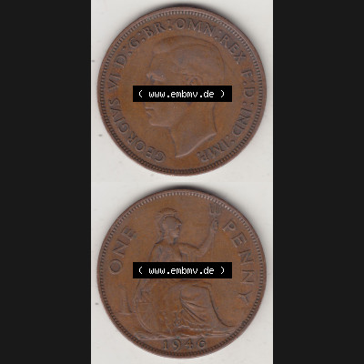 Münzen Großbritannien Umlaufmünze 1937-1948. 1 One Penny 1946-1, George VI, GEORGIVS VI DGBROMNREX FDINDIMP. HP. Vorderseite und Rückseite vertikal... Sammlung