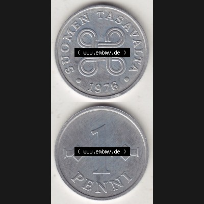 Alte Münzen KMS Finnland, Kursmünzensatz 1976 in Stempelglanz 1969-1979, 1 Penny, Penni 1976-1, SUOMEN TASAVALTA. Vorderseite und Rückseite vertikal zusammengefügt... Sammlung