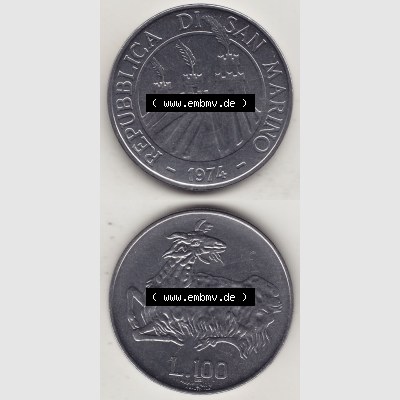 Bildmaterial Münzensatz / KMS 1974 aus San Marino 1974-1974, 100 Lire, L.100 MINGUZZI MONASSI INC.. Vorderseite und Rückseite als vertikales untereinander... Sammlung
