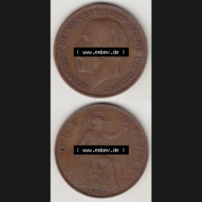 Alte Münzen Großbritannien Umlaufmünze 1911-1926, 1 Penny, One Penny, 1921-1, B.M. GEORGIVS V DEI GRA BRITT OMN REX FID DEF IND IMP. Vorderseite... Sammlung