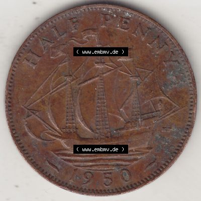 Alte Münzen Großbritannien Umlaufmünze 1949-1952, Half Penny, 1950-1, George VI, HALF PENNY HP, Segelschiff. Rückseite der alten britischen Münze... Sammlung