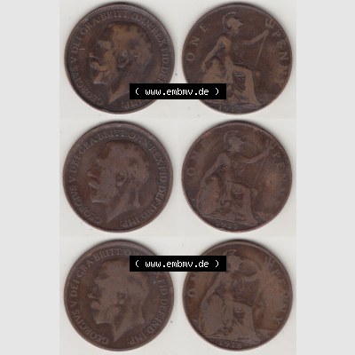 Alte Münzen Großbritannien Umlaufmünze 1912-1918, 1912, 1917, 1918 One Penny, 1 Penny George V. Ein Satz alter Münzen aus Großbritannien Zeitraum... Sammlung