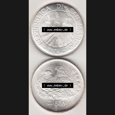 Bildmaterial Münzensatz / KMS 1974 aus San Marino 1974-1974, 500 Lire Silbermünze 1974 aus San Marino, wertvolle Edelmetallmünze Münze in Silber, L.500... Sammlung