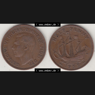 Alte Münzen Großbritannien Umlaufmünze 1949-1952, Half Penny, 1952-1, George VI, HALF PENNY HP, Segelschiff. Vorderseite und Rückseite horizontal... Sammlung