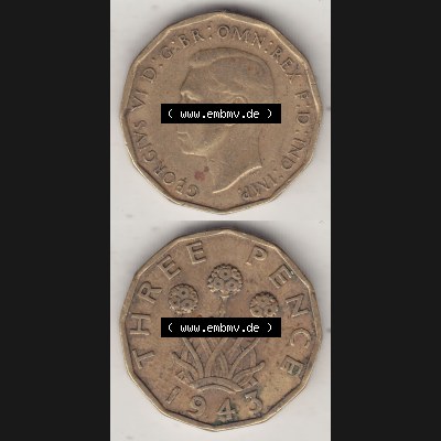 Alte Münzen Großbritannien Umlaufmünze 1937-1948, 3 Pence, Three Pence 1943-4, George VI, GEORGIVS VI D G BR OMN REX F D IND IMP. Vorderseite und Rückseite... Sammlung