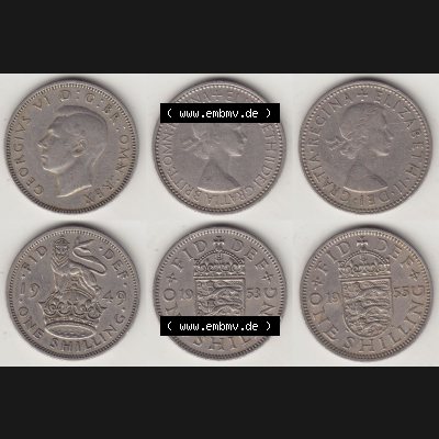 Alte Münzen Großbritannien Umlaufmünze One Shilling, 1 Schilling 1949, 1953, 1955. Ein Satz alter Münzen aus Großbritannien als Motiv vom digitalen Bild... Sammlung