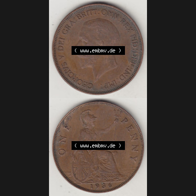 Münzen Großbritannien Umlaufmünze 1928-1936, 1 One Penny, 1936-3, George V. BM GEORGIVS V DEI GRABRITTOMNREX FIDDEFINDIMP. Vorderseite und Rückseite... Sammlung